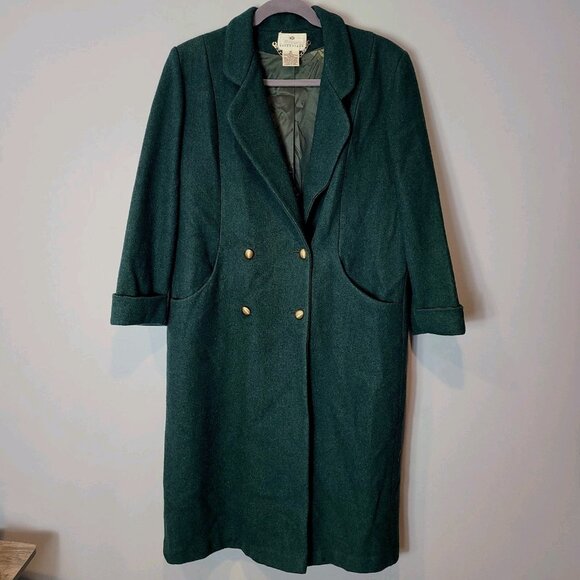 Vintage 90s Long Maxi Coat Preppy Heritage Winter Wool Green Size 16 Slouchy - Picture 1 of 7